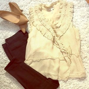 J. Crew ivory black polka dot silk wrap blouse 12